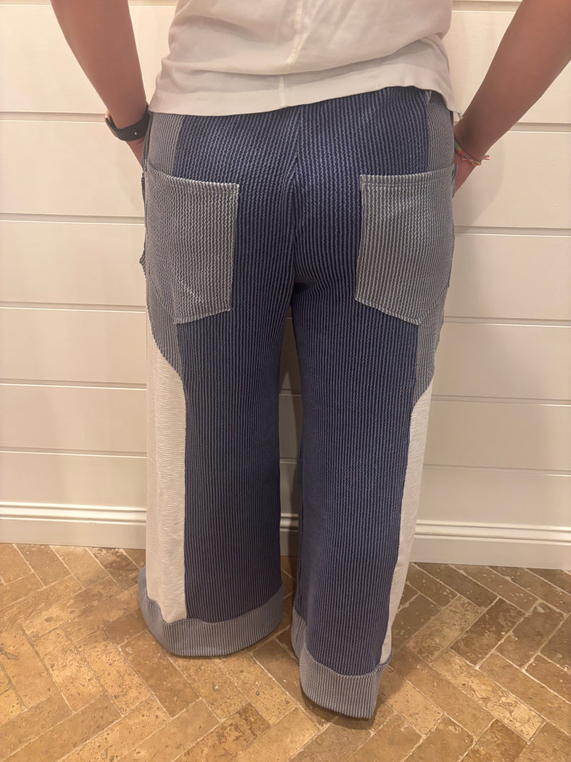 P5520 Color-Block Detail Rib Textured Wide Legs Pants