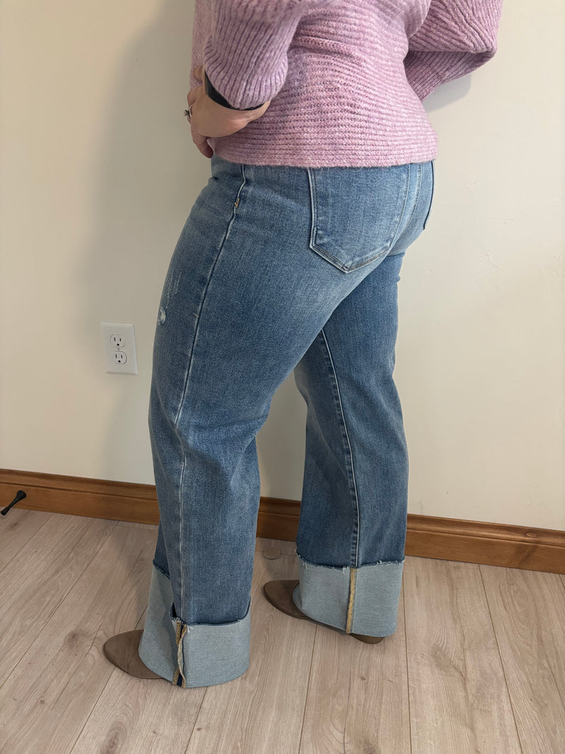 High Rise Ankle Wide Cuffed Jeans