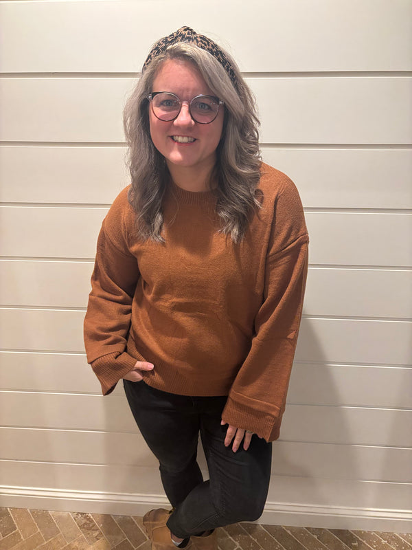 Cowboy flare sleeve knit sweater pullover in brown