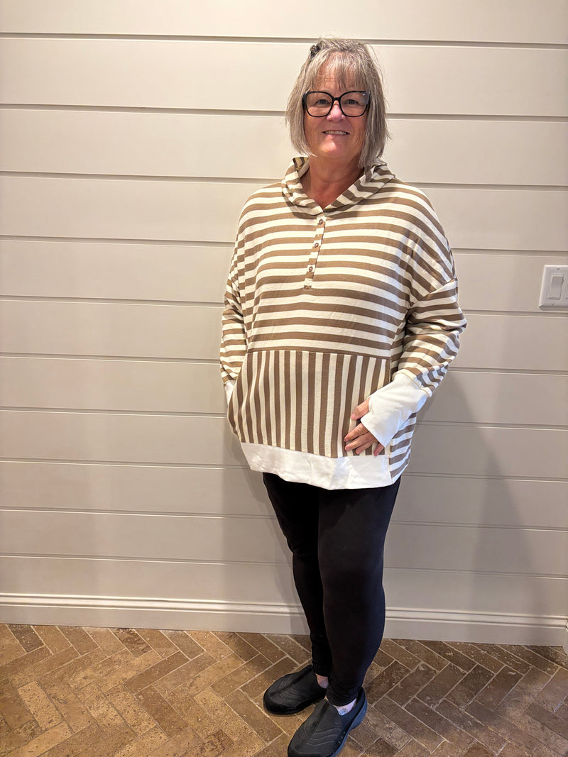 Women's Plus Size Striped Button-Up Long Sleeve Hoodie