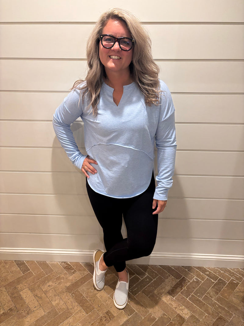 Notched Neck Terry Raw Hem Long Sleeve Top