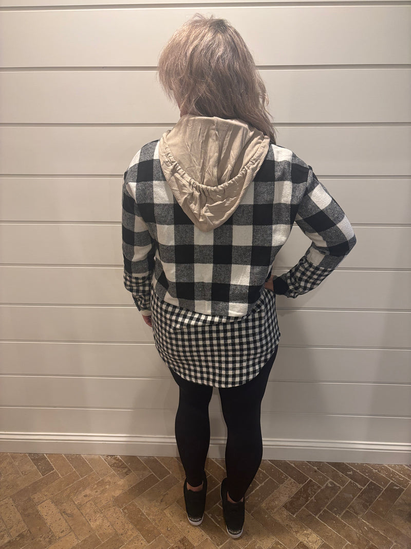 Double Plaid Patchwork Drawstring Hooded Shacket