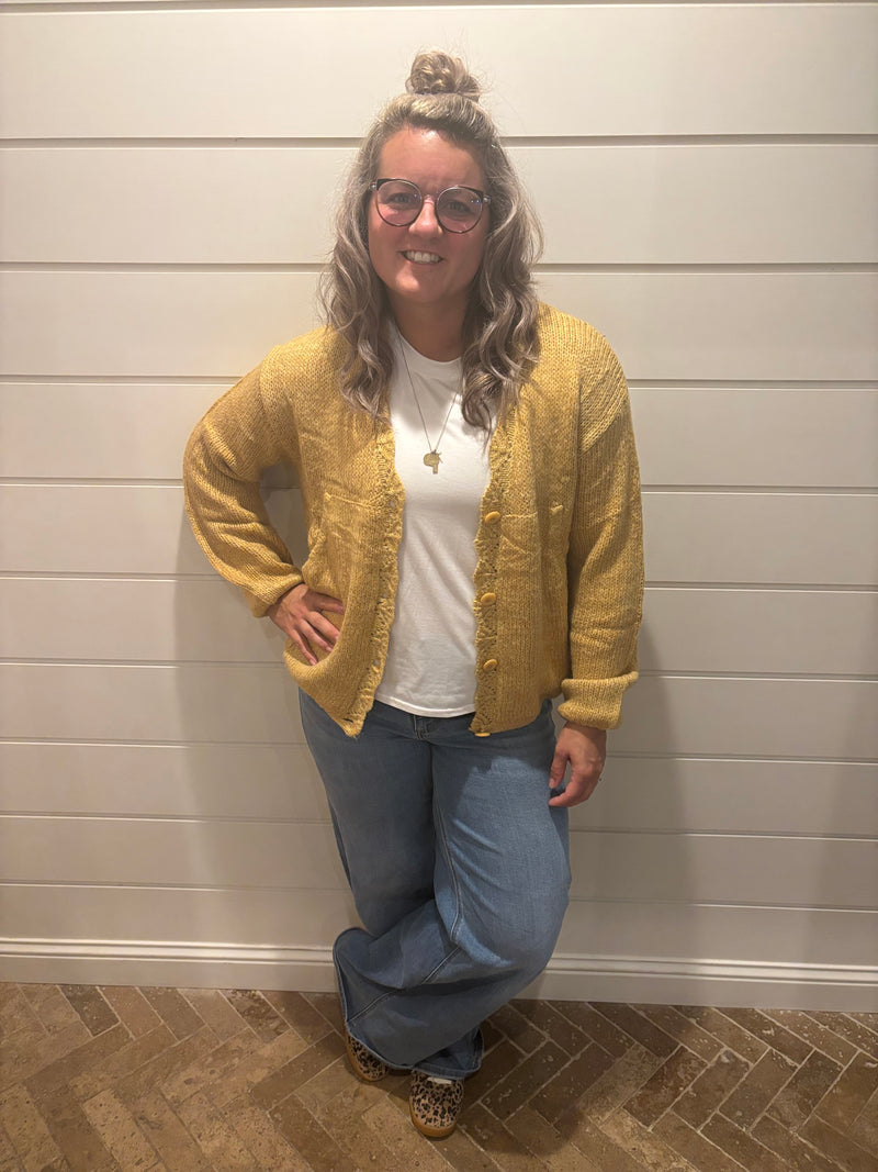 Lantern Sleeve Scallop V Neck Buttoned Front Cardigan