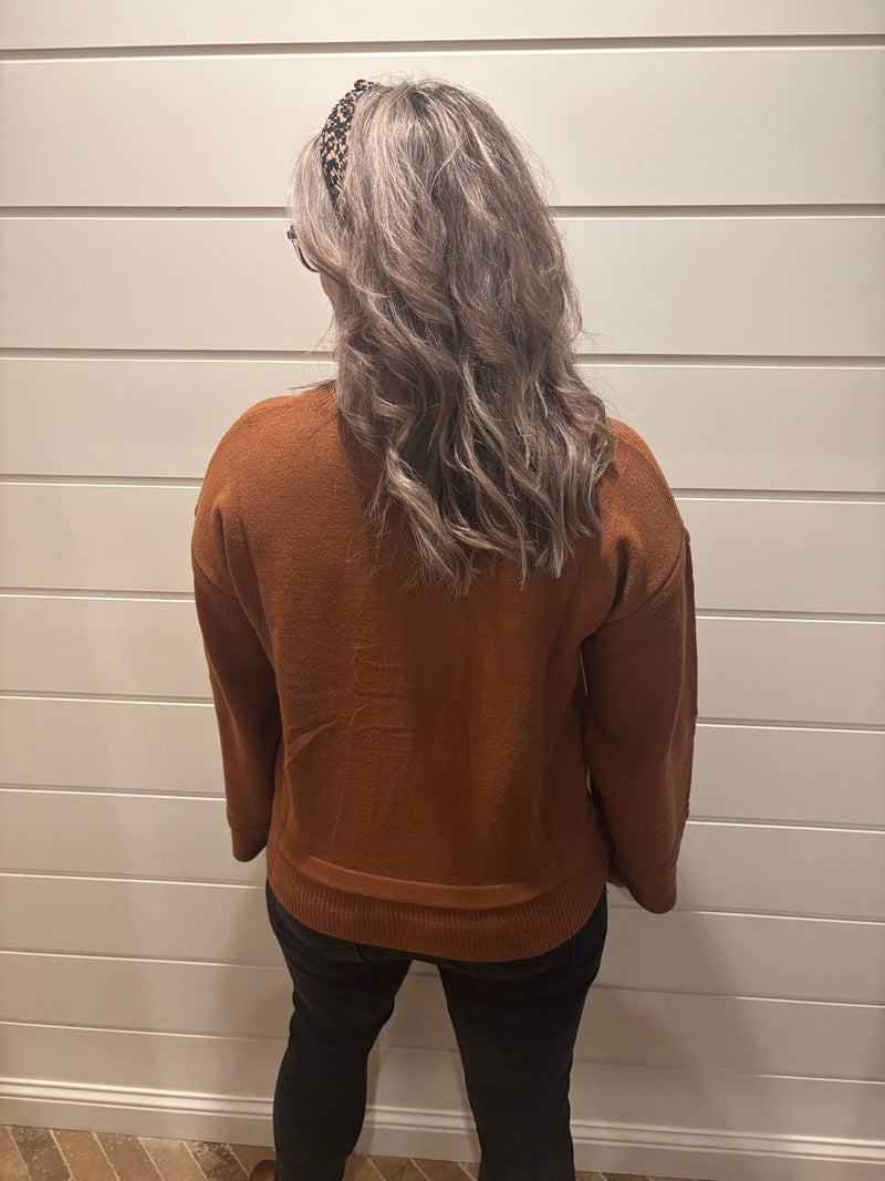 Cowboy flare sleeve knit sweater pullover in brown