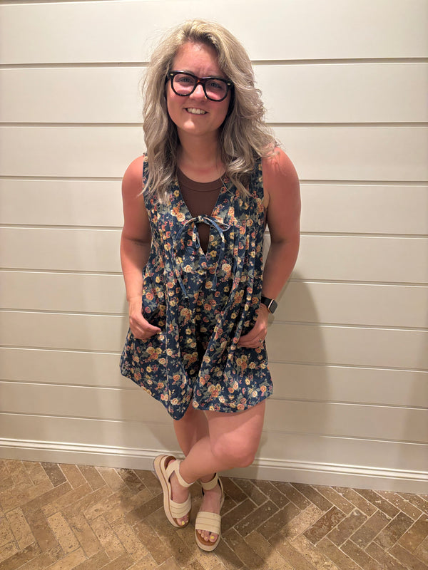 WASHED FLORAL DENIM ROMPER WITH FRONT TIE