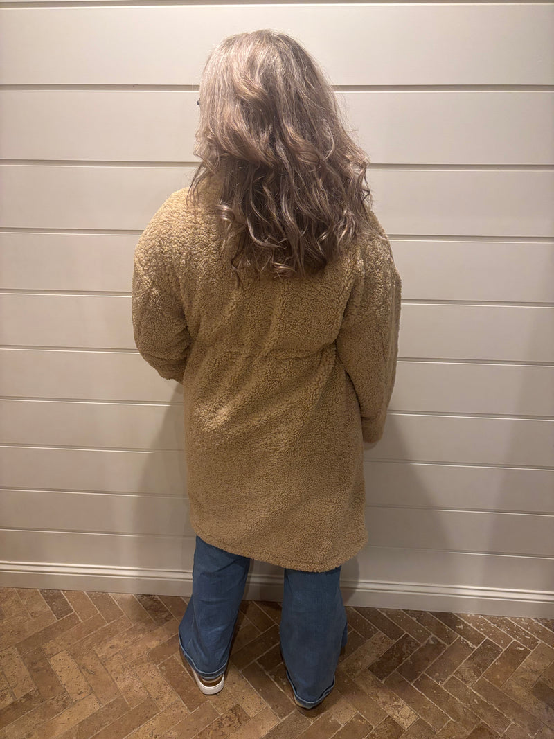 Faux Shearling Zip-Up Drawstring Knee-Length Coat