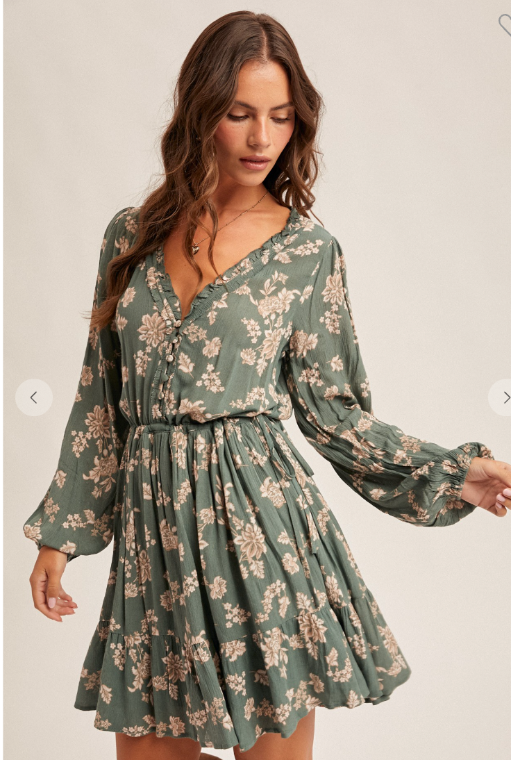 Floral Mini Ruffle Neck Tie Side Ribbon Mini Dress