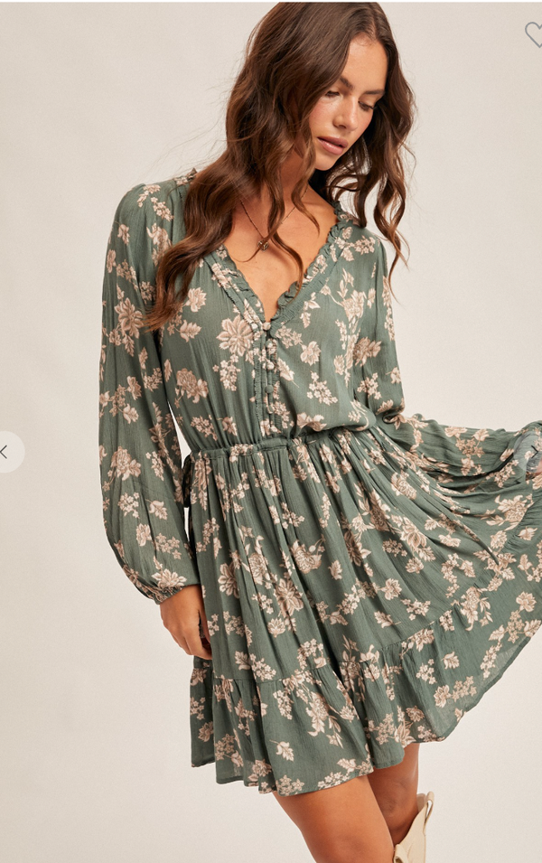 Floral Mini Ruffle Neck Tie Side Ribbon Mini Dress