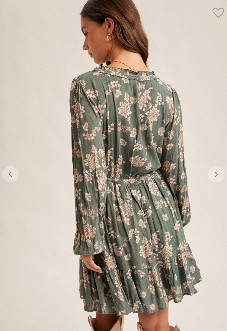 Floral Mini Ruffle Neck Tie Side Ribbon Mini Dress