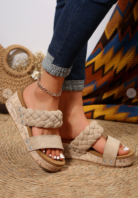 Woven Suede Band Wedge Slippers