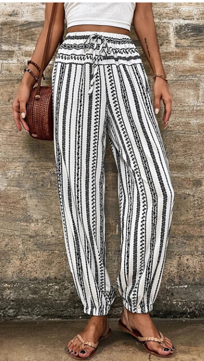 Stripe Geometric Print Drawstring Cuff Pants