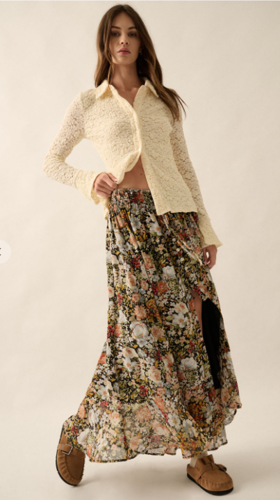 Floral Front Slit Woven Maxi Skirt