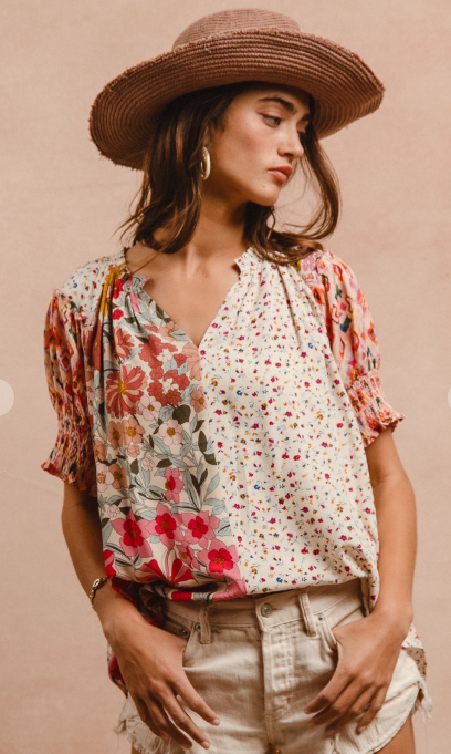 WOVEN PRINT MIX AND MATCH PEASANT TOP