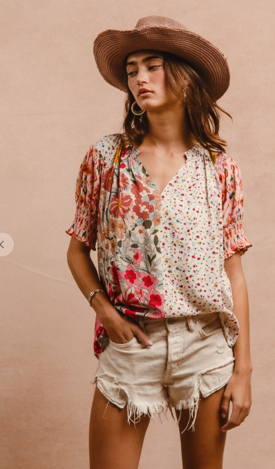 WOVEN PRINT MIX AND MATCH PEASANT TOP