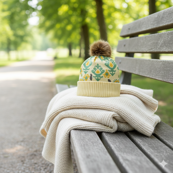 Yellow Green Knit Pom Beanie – Cozy Winter Hat with Nordic Floral Pattern