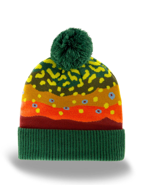 Trout Pattern Knit Beanie Hat with Pom | Speckled Fishing Outdoor Ribbed Cuffed Winter Cap