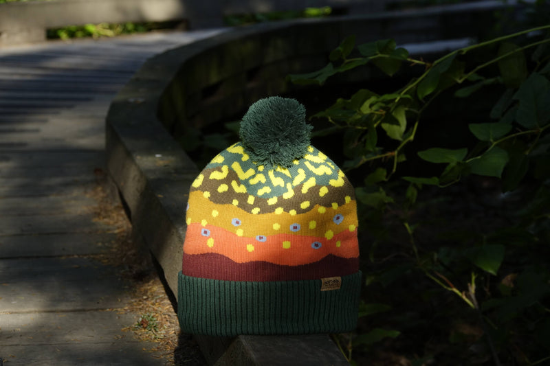 Trout Pattern Knit Beanie Hat with Pom | Speckled Fishing Outdoor Ribbed Cuffed Winter Cap