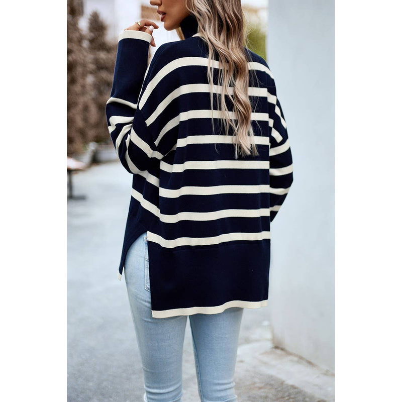 Strip Mock Neck Loose Fit Knit Side Open Sweater