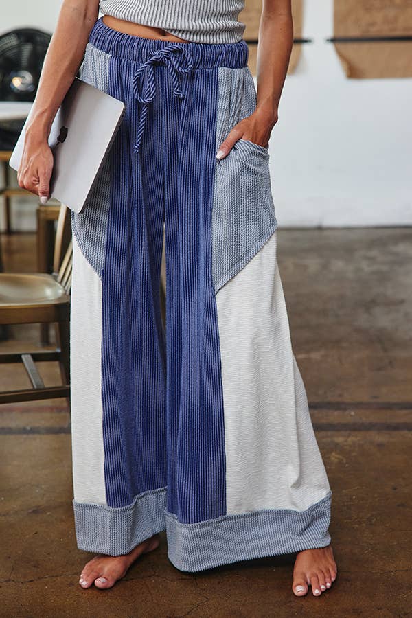 P5520 Color-Block Detail Rib Textured Wide Legs Pants