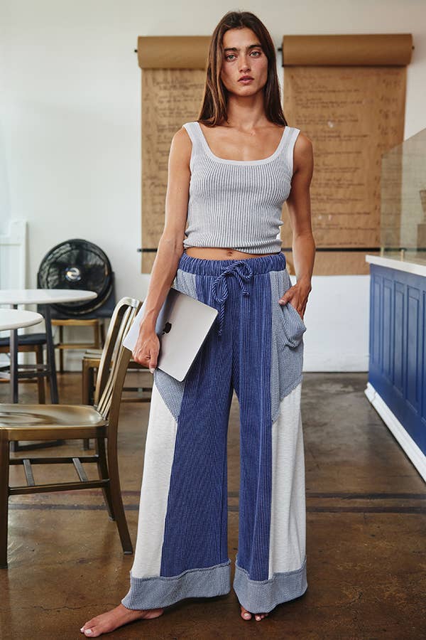 P5520 Color-Block Detail Rib Textured Wide Legs Pants