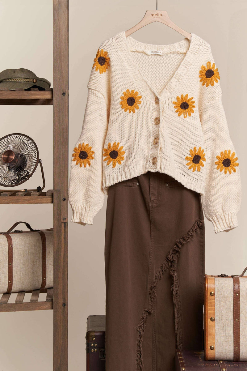 Sunflower Embroidered V Neck Cardigan
