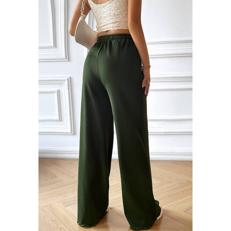 Straight Leg Elastic Waist Belt Solid Casul Pant