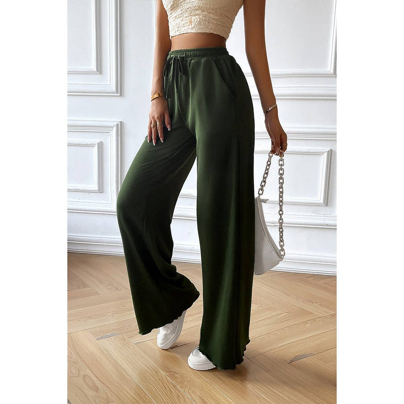 Straight Leg Elastic Waist Belt Solid Casul Pant