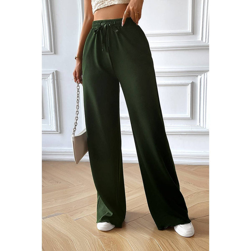 Straight Leg Elastic Waist Belt Solid Casul Pant