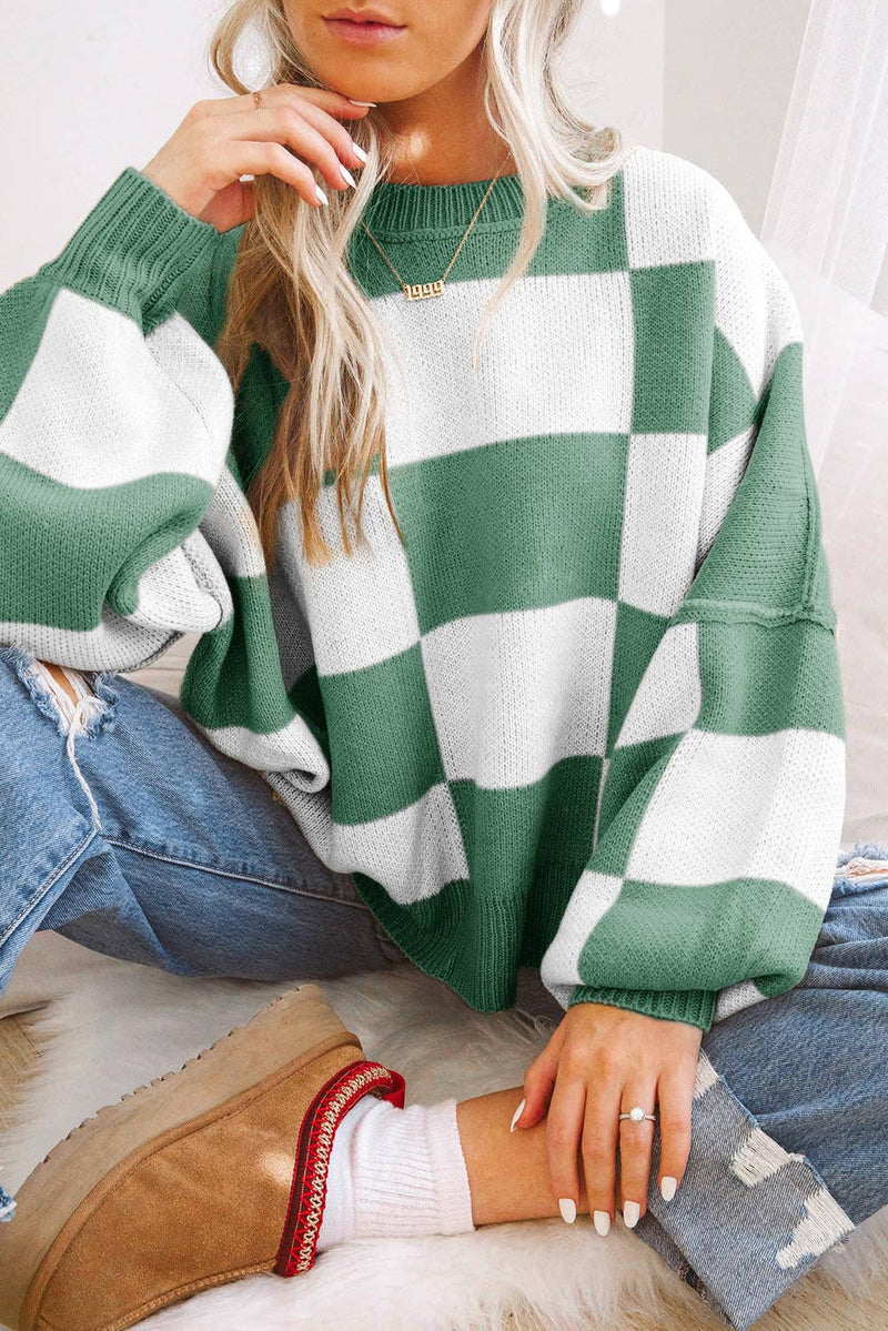 Checked Bishop Sleeve Knit Sweater