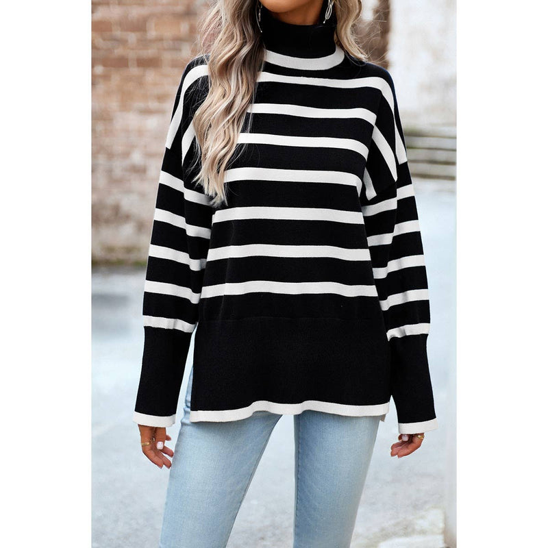 Strip Mock Neck Loose Fit Knit Side Open Sweater