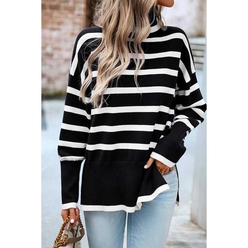 Strip Mock Neck Loose Fit Knit Side Open Sweater