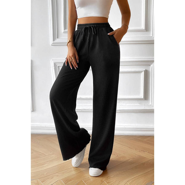 Straight Leg Elastic Waist Belt Solid Casul Pant