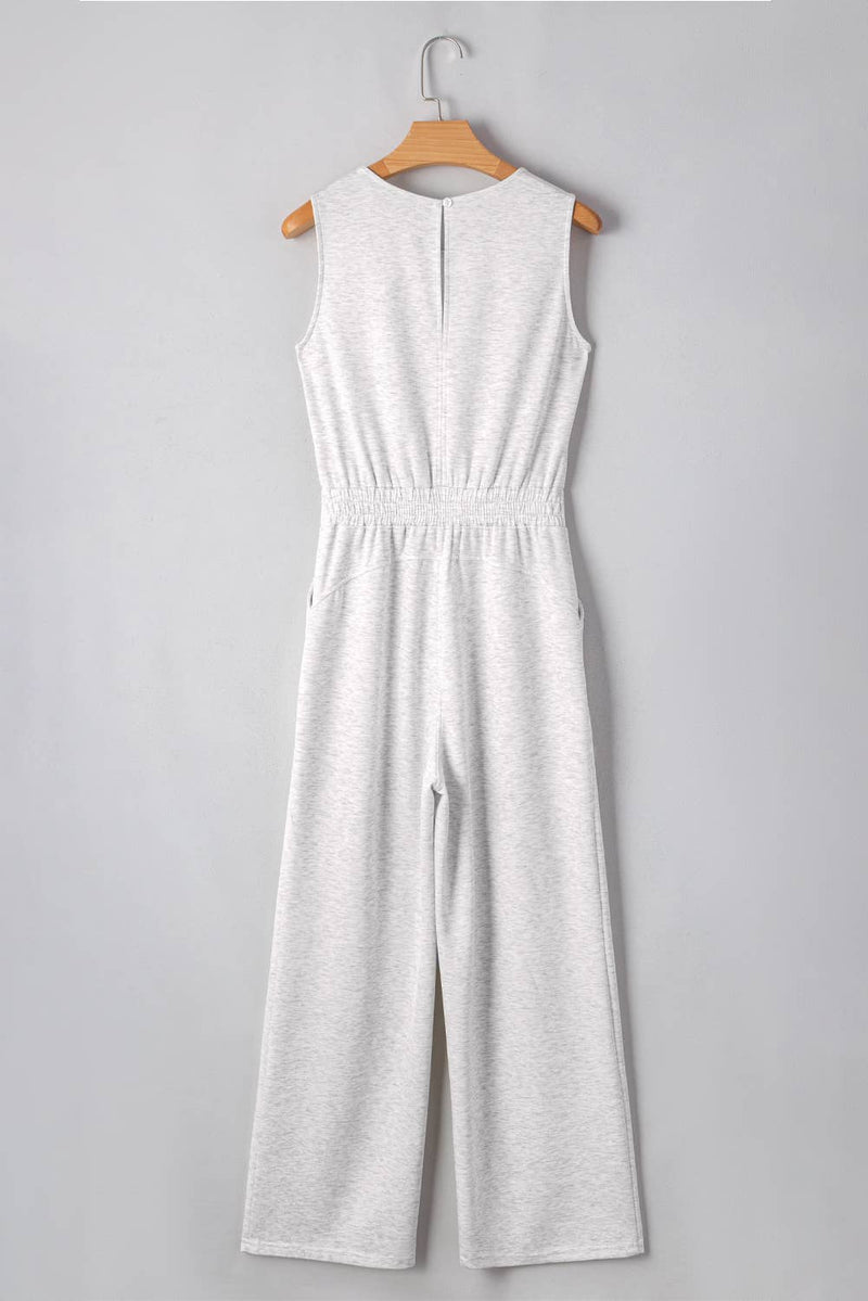 Solid Crew Neck Drawstring High Waist Sleeveless Jumpsuit