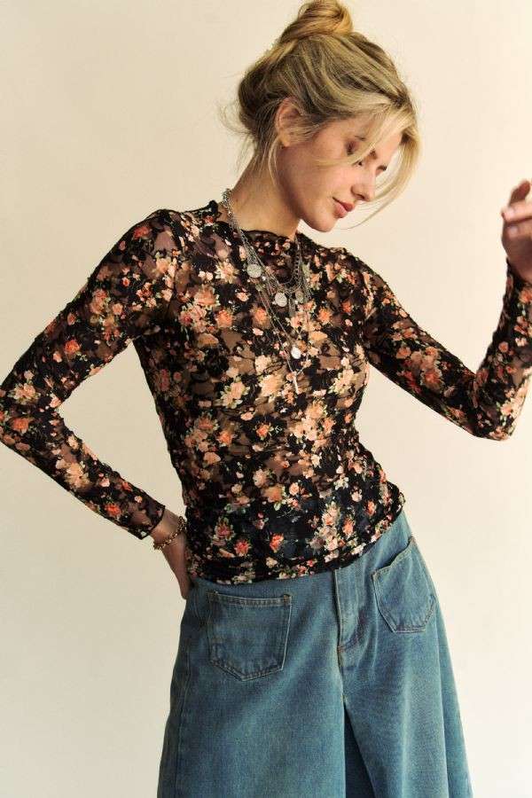 FLORAL PRINT MESH LONG SLEEVE LAYERING TOP