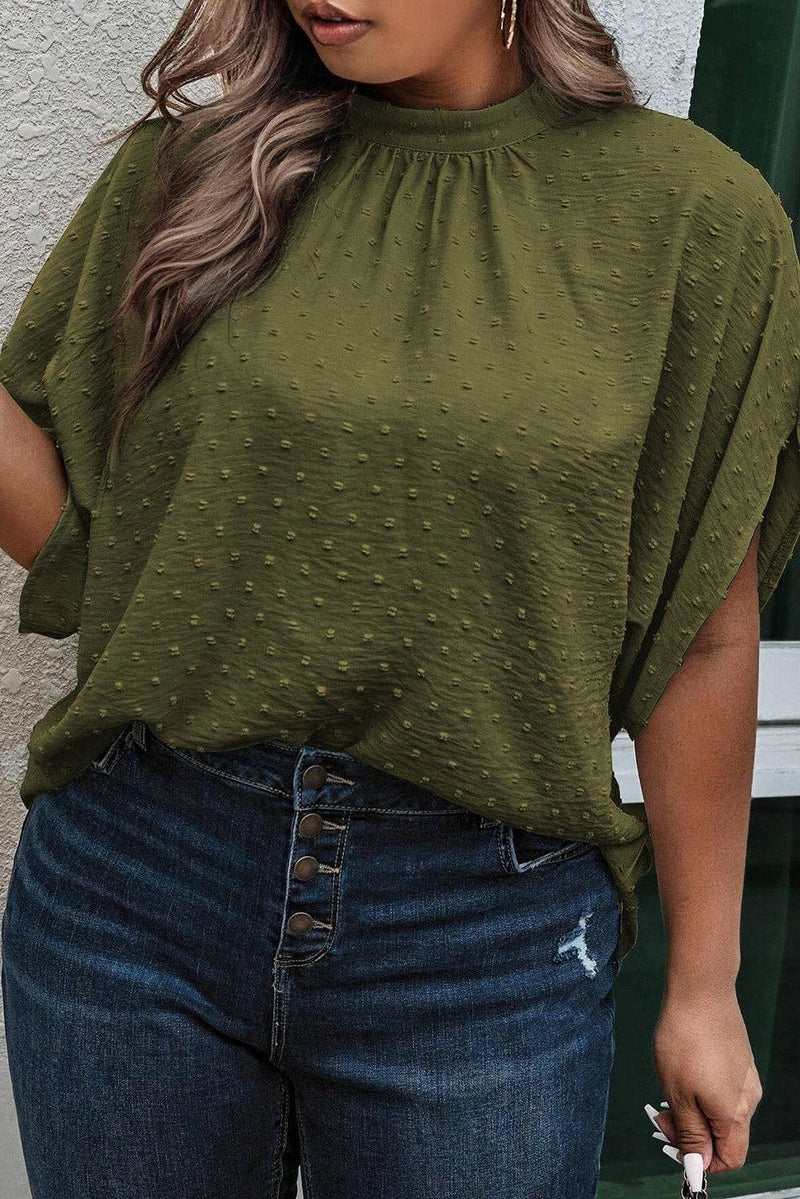 Plus Size Swiss Dot Mock Neck Tied Nape Top