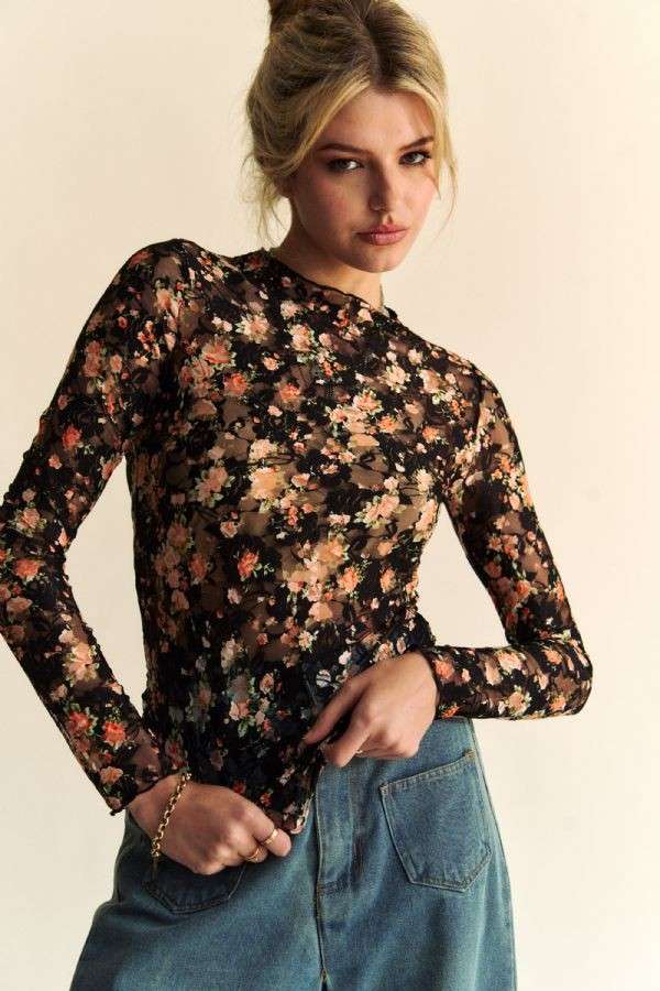 FLORAL PRINT MESH LONG SLEEVE LAYERING TOP