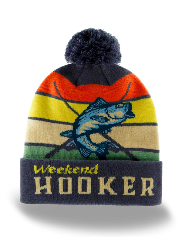 Weekend Hooker Knit Beanie Winter Hat with Pom Pom Fishing Bass Outdoor Cabin Style