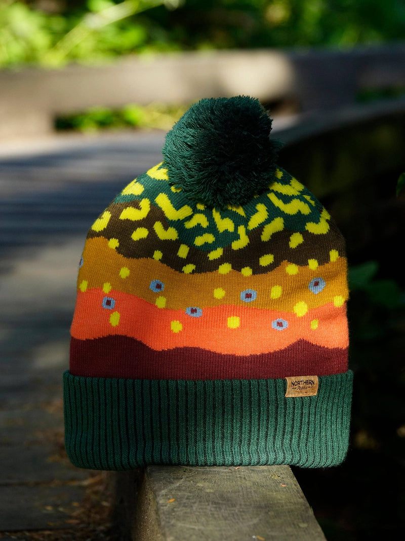 Trout Pattern Knit Beanie Hat with Pom | Speckled Fishing Outdoor Ribbed Cuffed Winter Cap