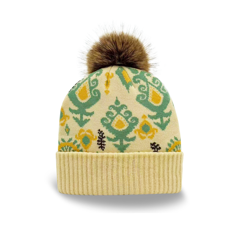 Yellow Green Knit Pom Beanie – Cozy Winter Hat with Nordic Floral Pattern