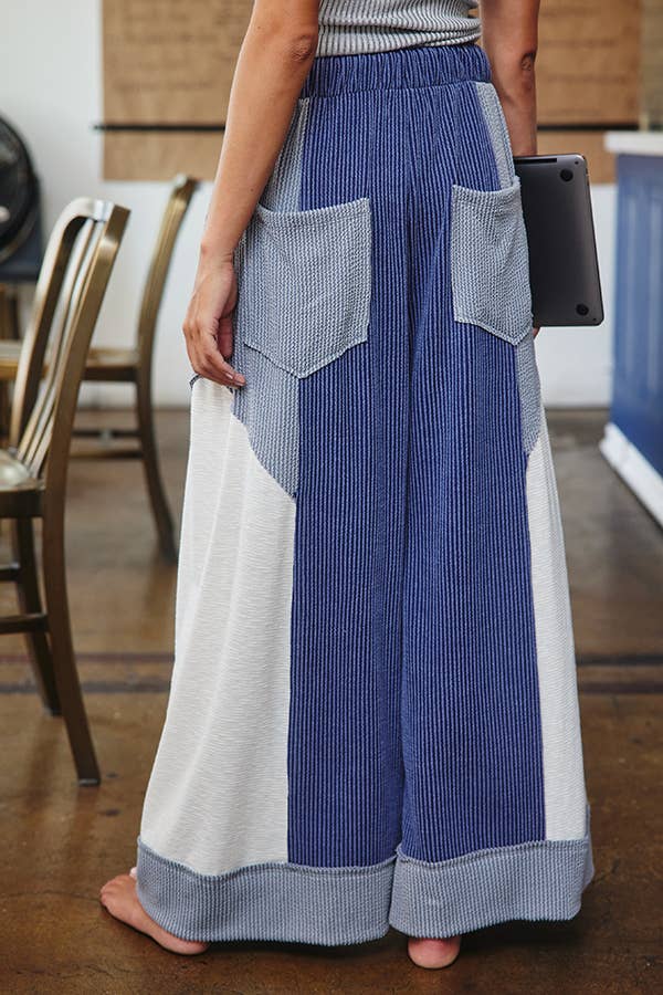 P5520 Color-Block Detail Rib Textured Wide Legs Pants