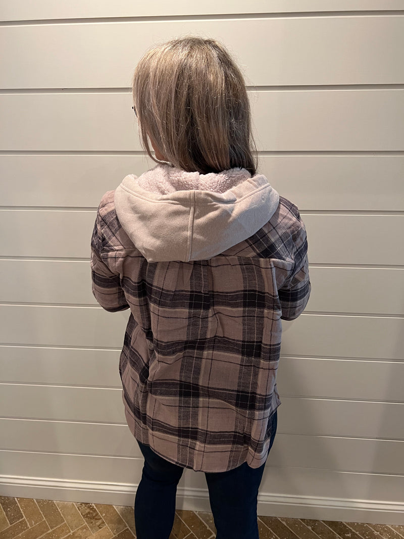 Mauve Plaid Flannel Button Up Shacket with Hood