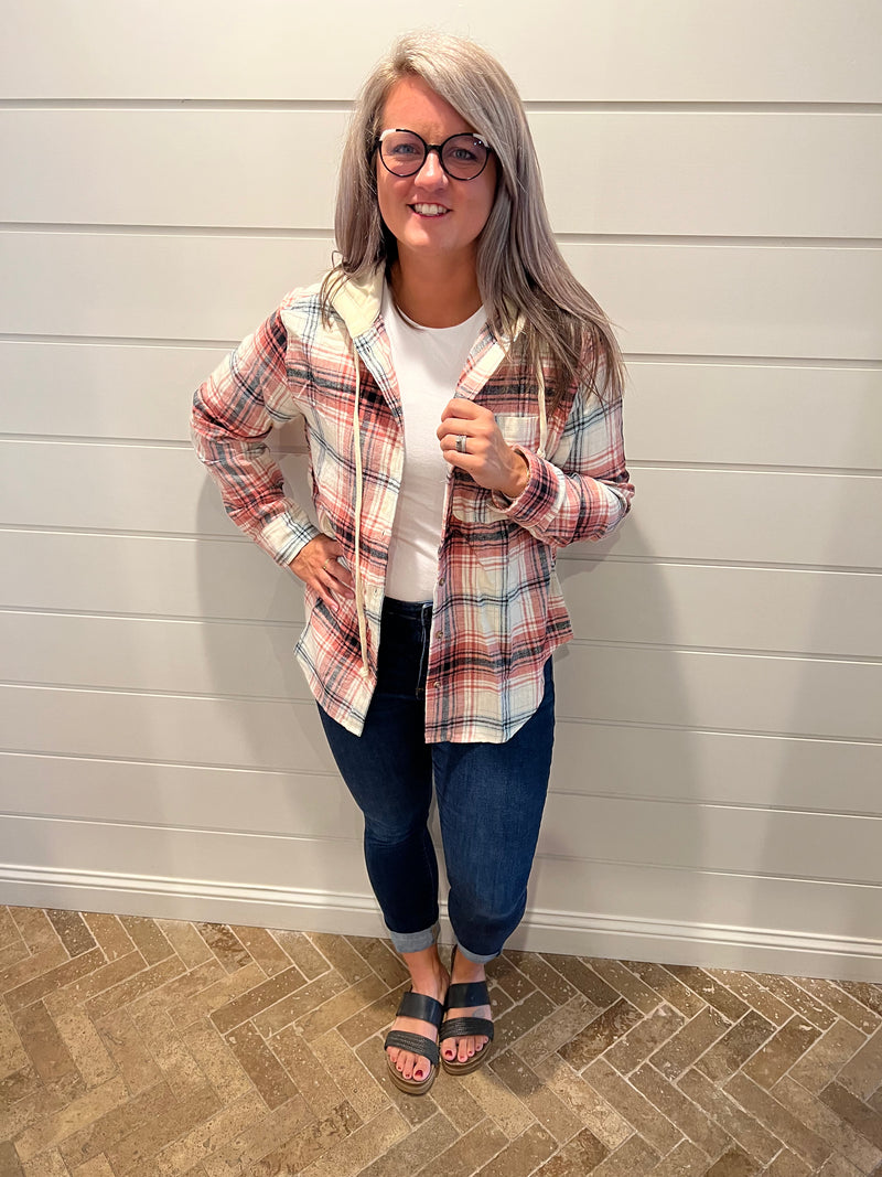 Terra Cotta Plaid Flannel Button Up Shaket with Hood