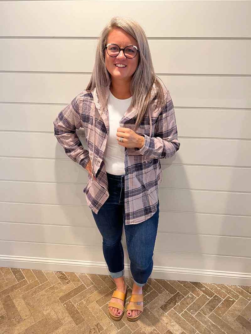Mauve Plaid Flannel Button Up Shacket with Hood