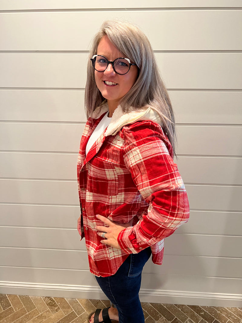 Red Plaid Flannel Button Up Shacket with Hood