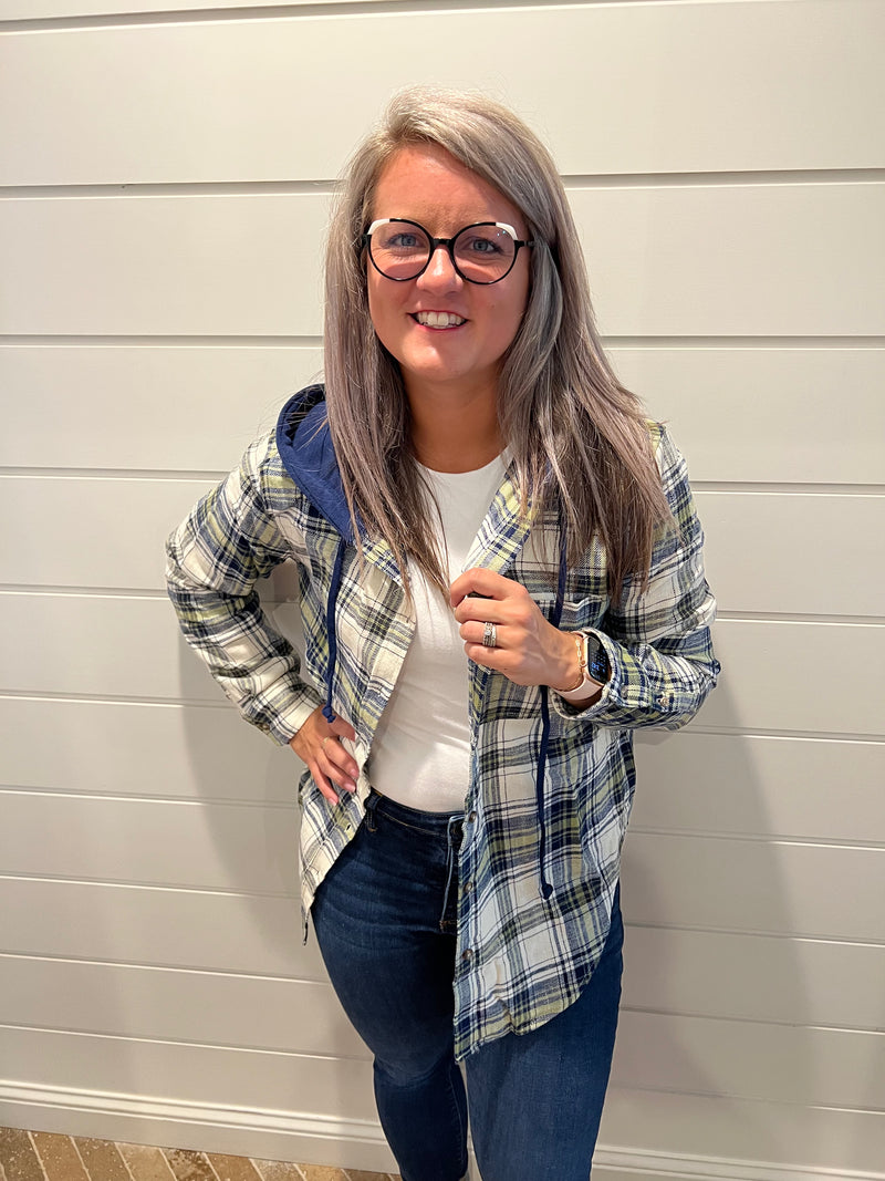 Navy Plaid Flannel Button Up Shacket with Hood