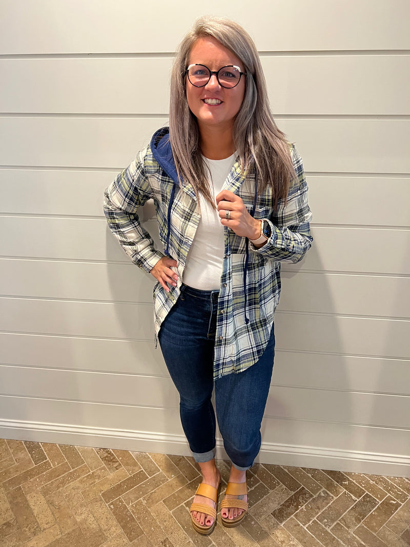 Navy Plaid Flannel Button Up Shacket with Hood