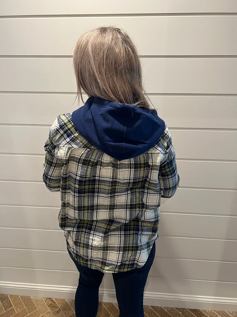 Navy Plaid Flannel Button Up Shacket with Hood