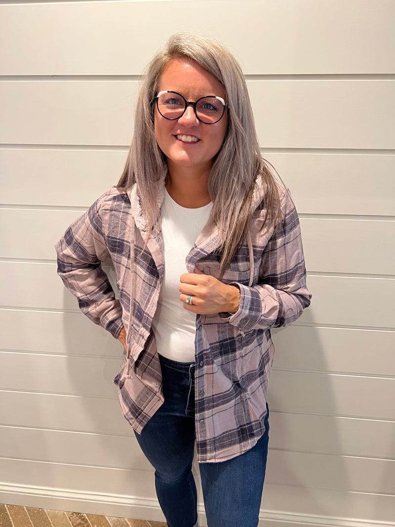Mauve Plaid Flannel Button Up Shacket with Hood