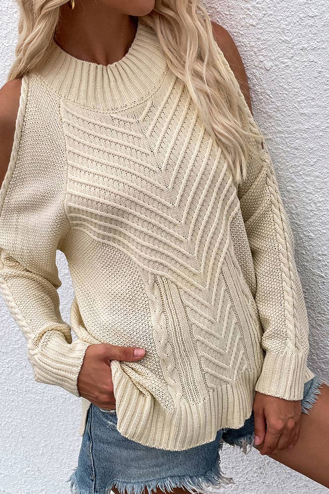 TOPW897 Cold Shoulder Knit O-neck Sweater