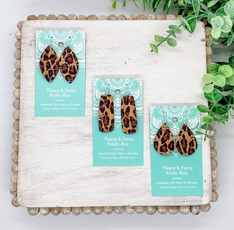 Mini Handmade Cork w/ Leopard Print and Gold Earrings